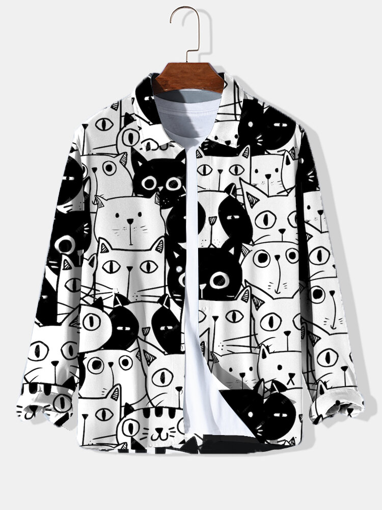 Mens Allover Cartoon Cat Print Button Up Long Sleeve Shirts Winter
