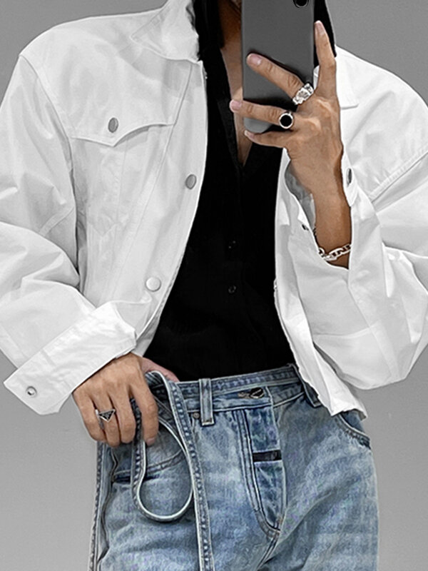 Mens Solid Lapel Snap Button Cropped Jacket