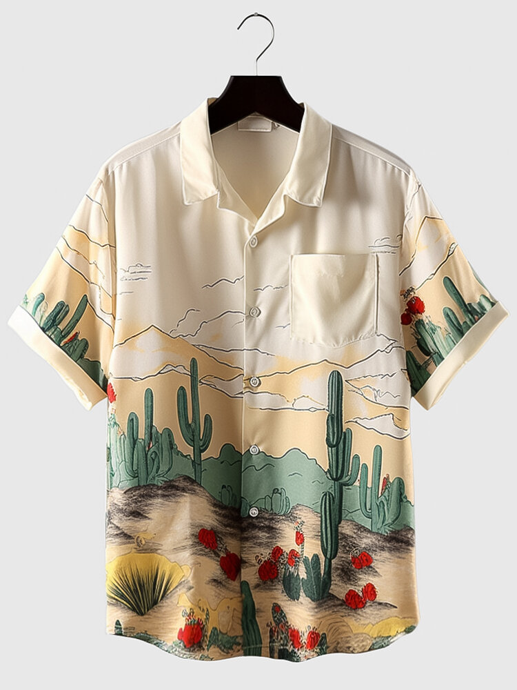 

Mens Cactus Landscape Print Lapel Vacation Short Sleeve Shirts, Apricot