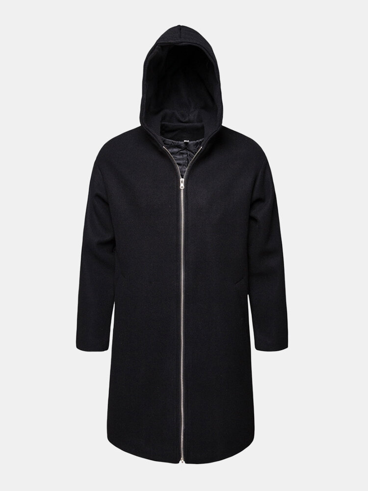 Mens Winter Mid-Length Zipper Front Casual Solid Hooded Overcoat