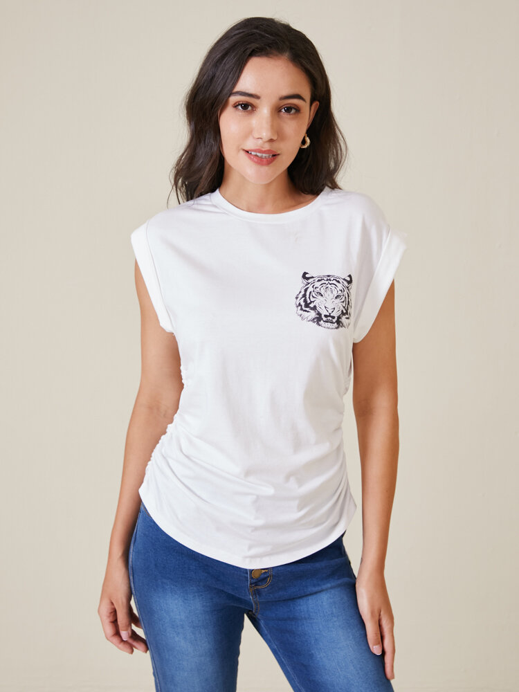 Tiger Graphic Short Sleeve Ruched Crew Neck T-shirt