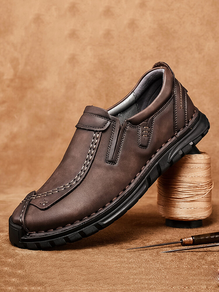 Men Retro Genuine Leather Non Slip Soft Sole Casual Slip On Shoes