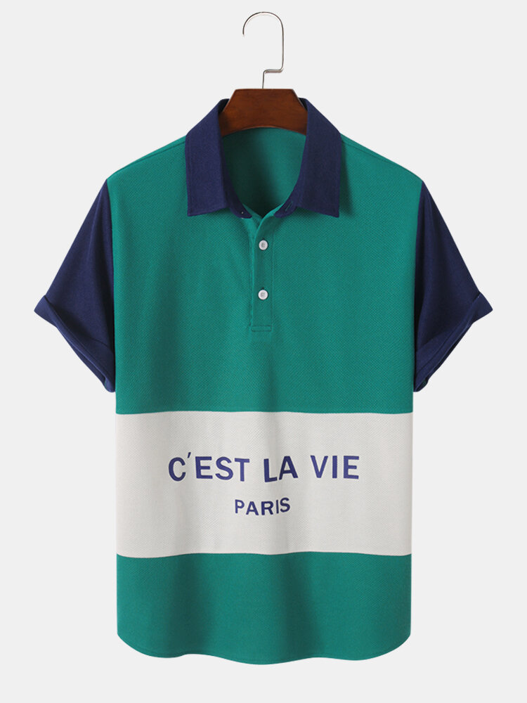 Mens Panel Stitching Letter Print Knit Preppy Short Sleeve Golf Shirts