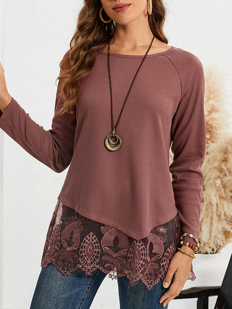 Lace Stitch Long Sleeve O-neck T-shirt For Women