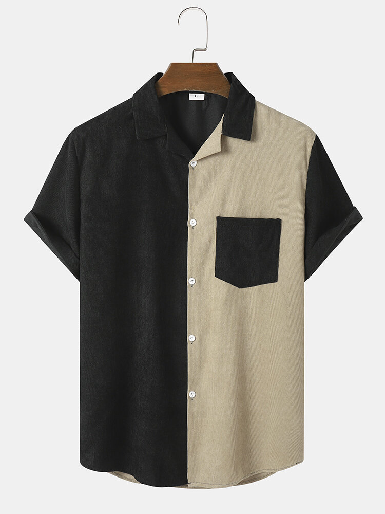 Mens Contrast Patchwork Revere Collar Corduroy Casual Short Sleeve Shirts