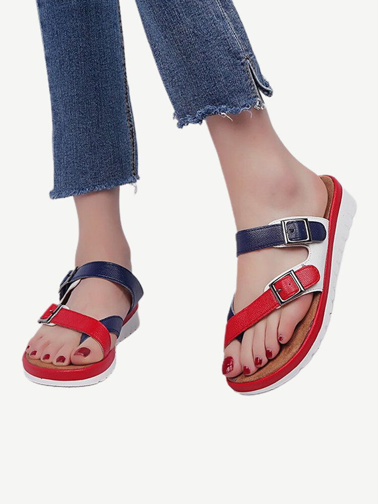 Large Size Color Splicing Clip Toe Cross Strap Flat Beach Casual Sandals