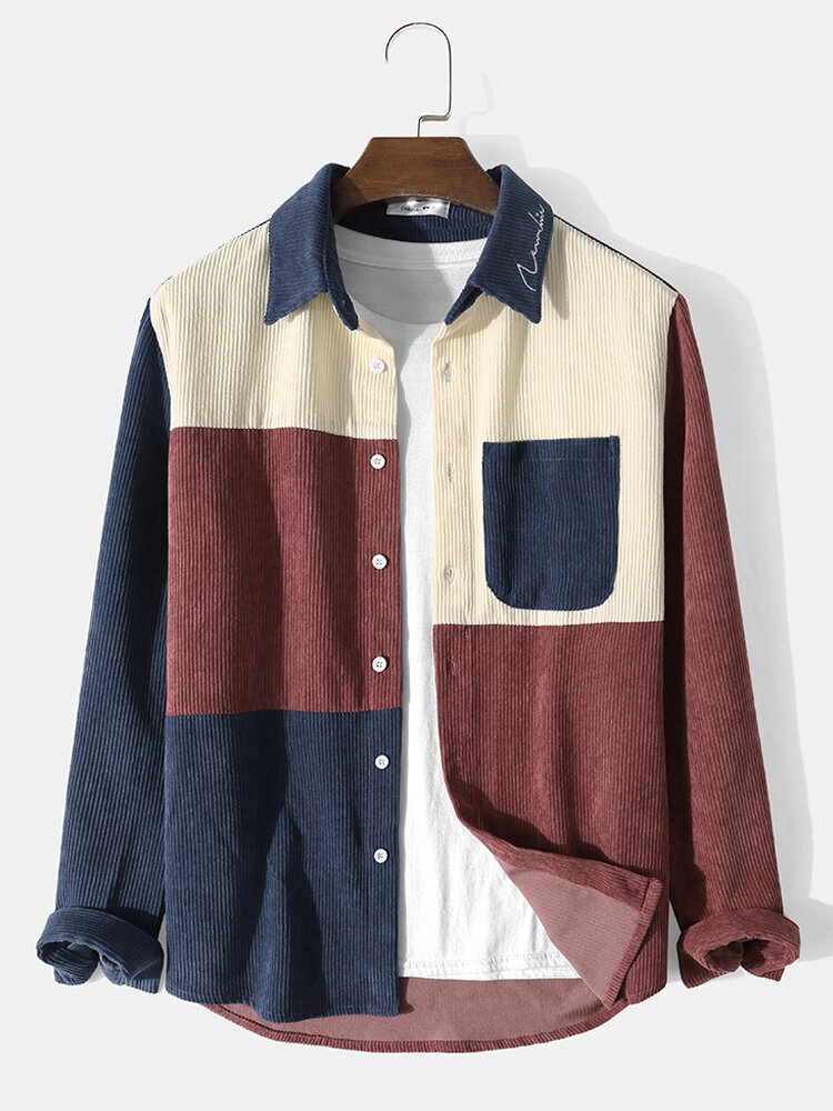 Mens Corduroy Tricolor Patchwork Embroidered Lapel Button Casual Shirts