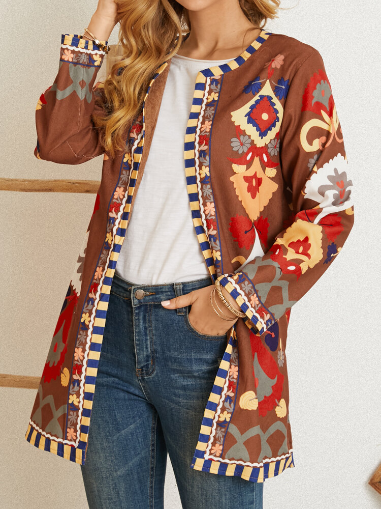 Jaquetas femininas de fitas com estampa étnica de veludo cotelê manga longa