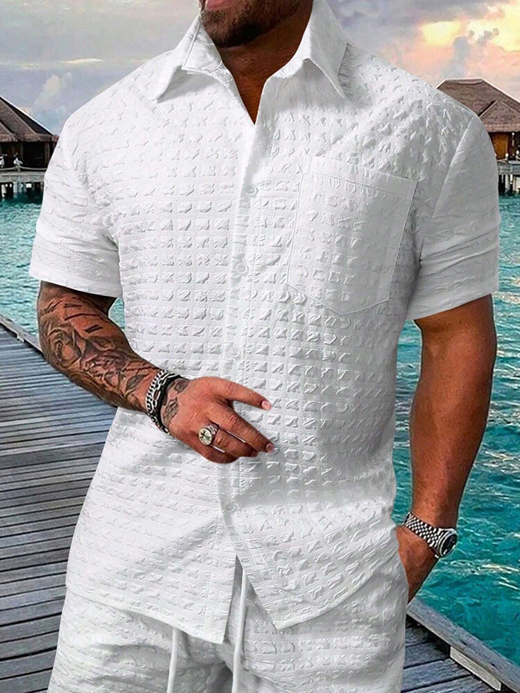 

Mens Solid Patch Pocket Lapel Collar Short Sleeve Shirts, White