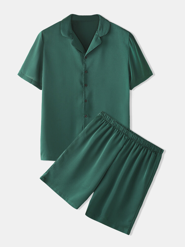 

Green Faux Silk Co-ords Button Up Loungewear Lightweight Home Short Sleeve Sets, Khaki;black;green