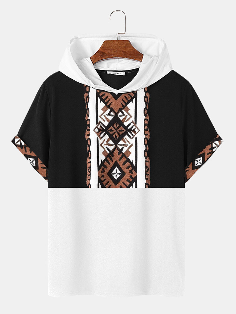 

Mens Ethnic Geometric Print Patchwork Short Sleeve Hooded T-Shirts, Black