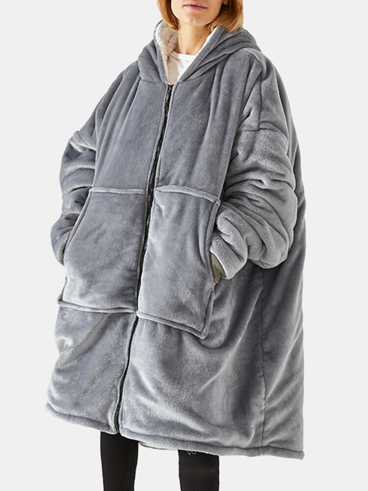 Women Flannel Blanket Hoodies Thicken Warm Zip Front Wearable Sweatshirt Oversized Loungewear