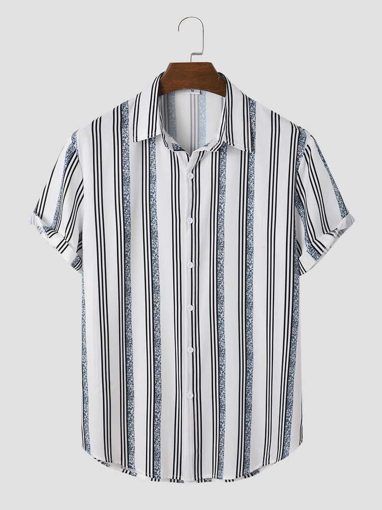 Mens Stripe Print Button Front Casual Short Sleeve Shirts