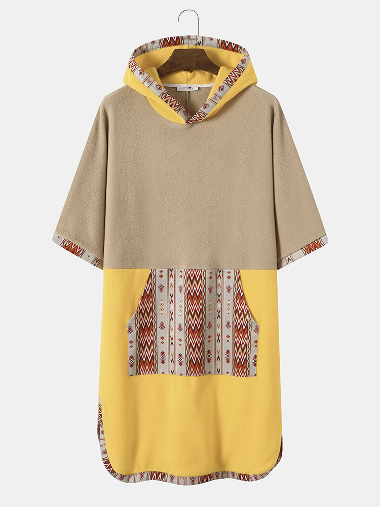 

Mens Ethnic Pattern Trim Patchwork Side Split Fleece Home Hooded Robe, Khaki
