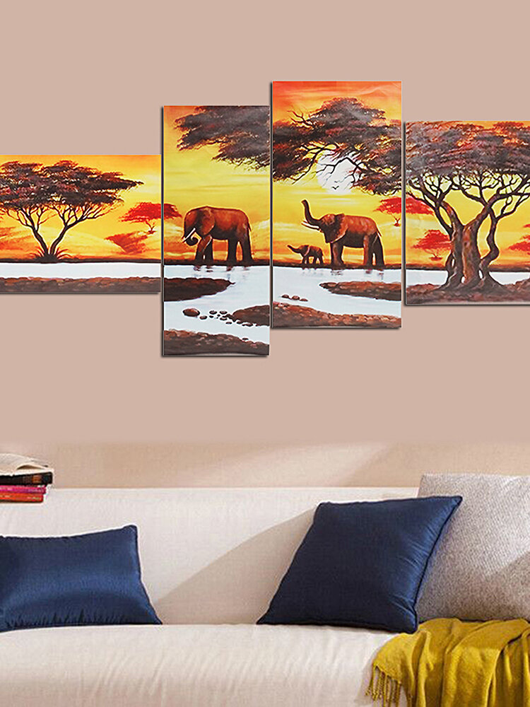 

4Pcs African Forest Elephants Canvas Landscape Oil Painting Unframed Home Decoration