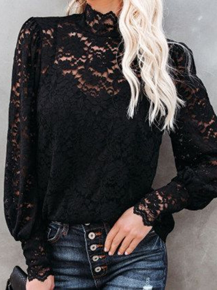 Lace Solid High Neck Long Sleeve Blouse For Women