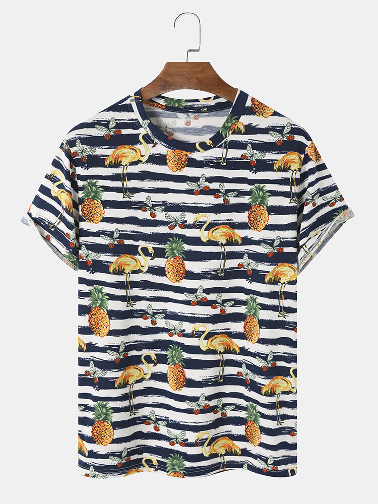 Mens Bird Pineapple Striped Print Short Sleeve T-Shirts