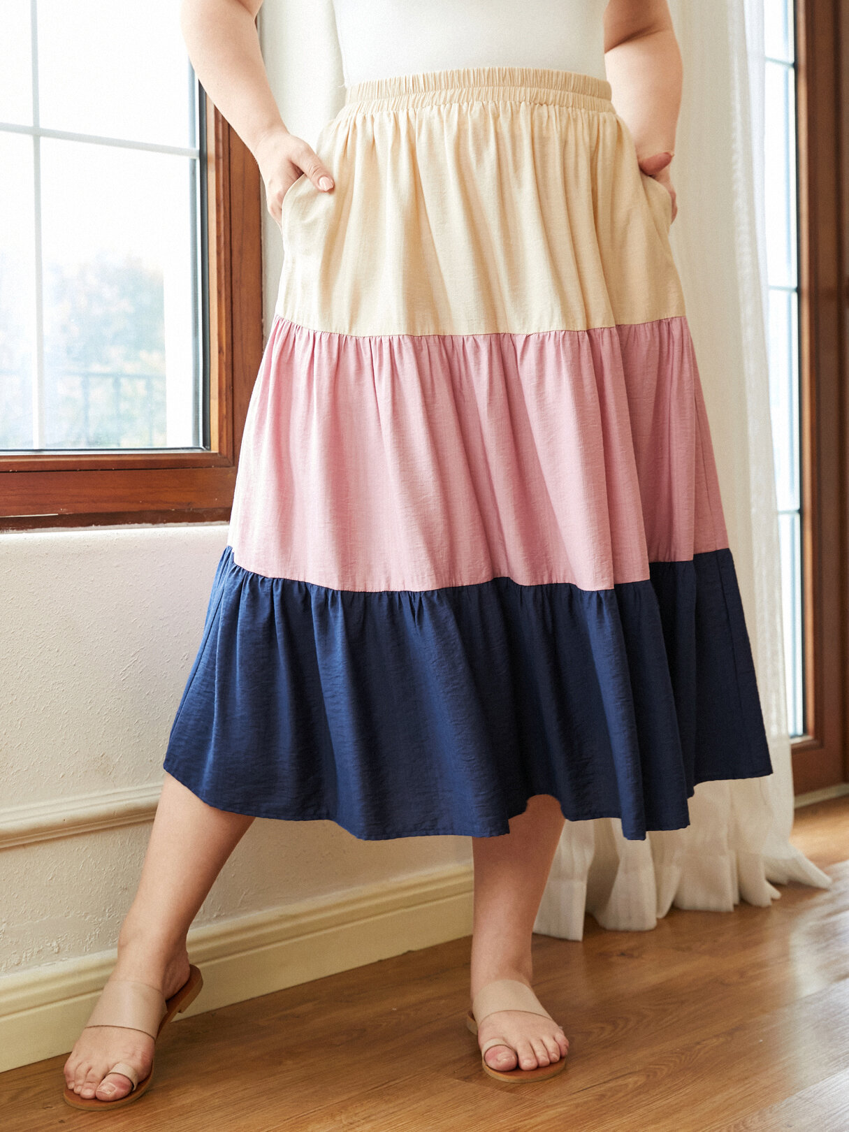 

Plus Size Color Block Patchwork Elastic Waist Skirt, Apricot