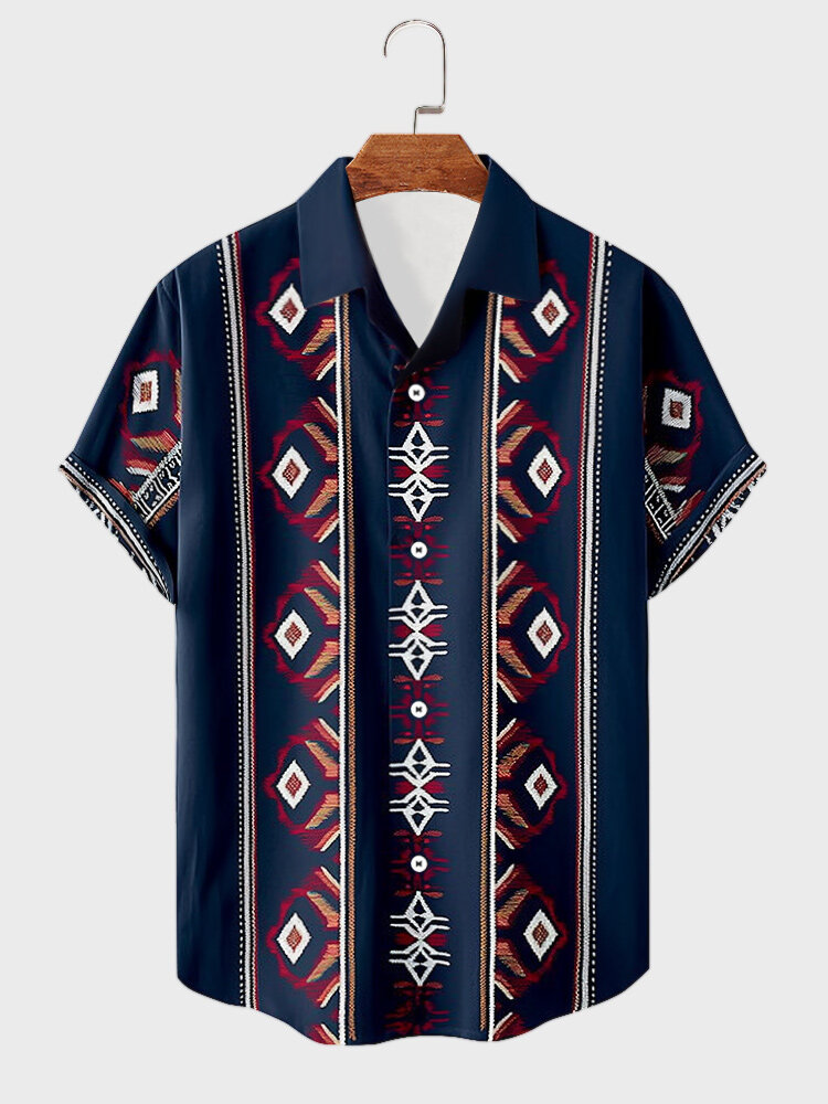 

Mens Ethnic Argyle Striped Print Button Up Short Sleeve Shirts, Dark blue