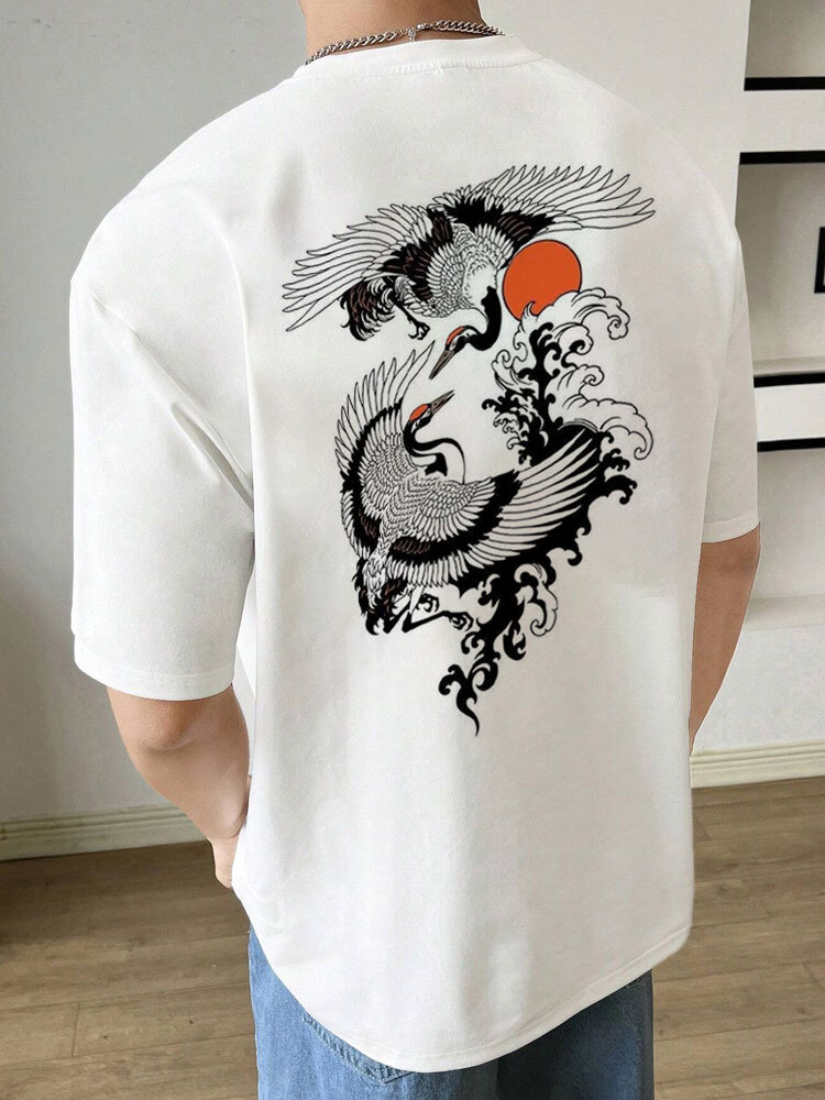 Mens Chinese Crane Back Print Crew Neck Short Sleeve T-Shirts Winter
