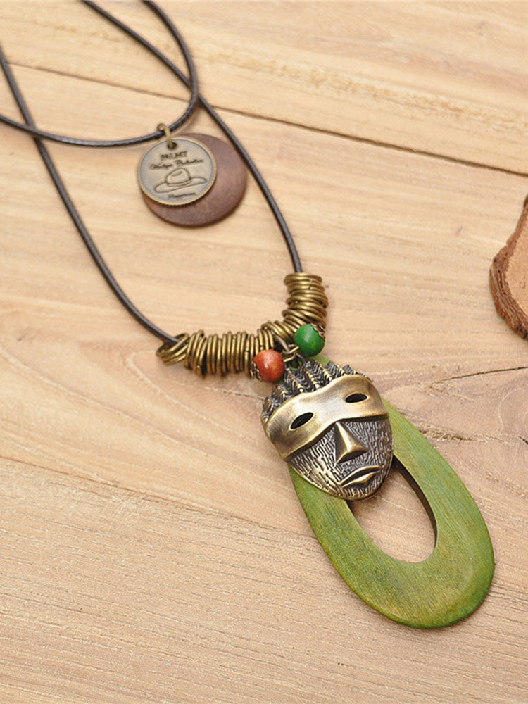 Retro Oval Hollow Wood Pendant Wax Rope Necklace Geometric Mask Multi-layer Necklace Sweater Chain