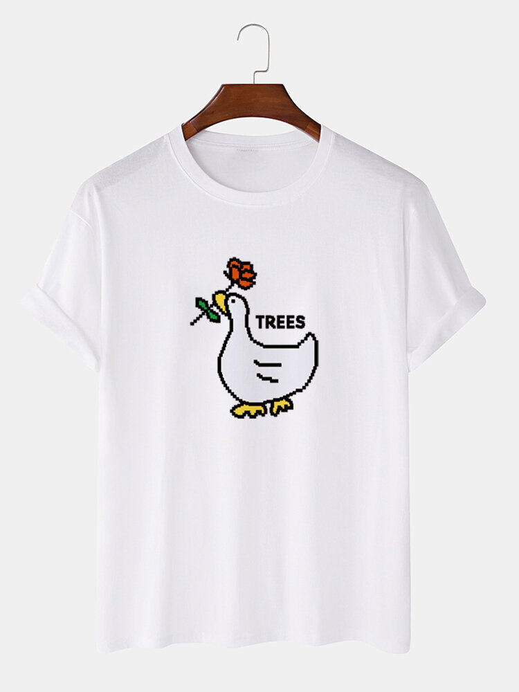 Mens Rose Duck Print Crew Neck Short Sleeve Cotton T-Shirts