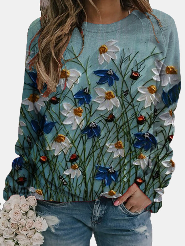 Flower Calico Print Long Sleeve O-neck Casual Sweatshirt For Women