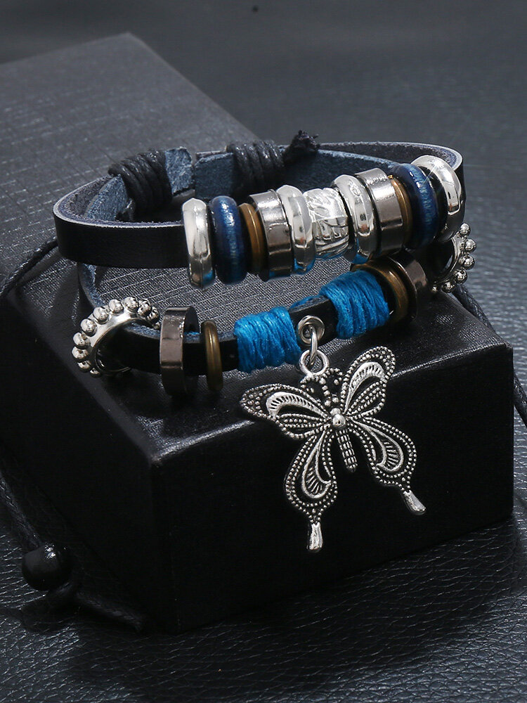 Vintage Butterfly-shape Cowhide Alloy Wood Beads Hemp Rope Bracelets