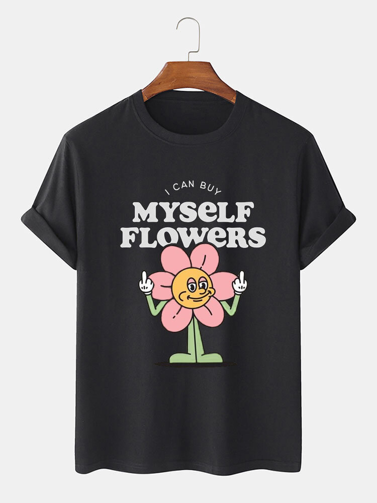 Mens Cartoon Floral Slogan Print Crew Neck Short Sleeve T-Shirts