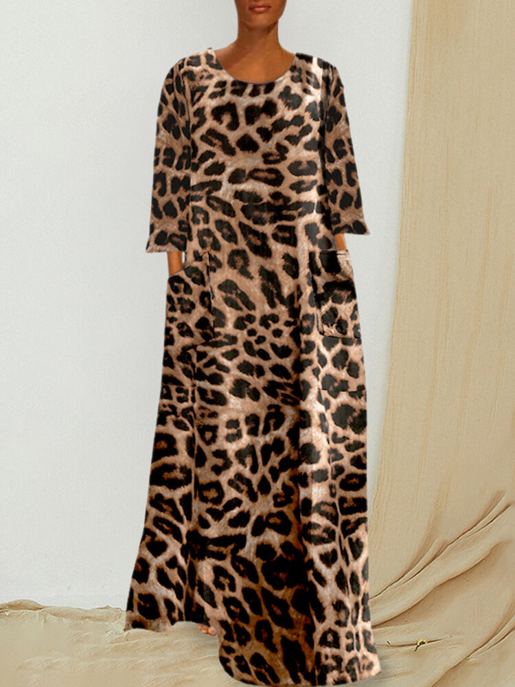 Vintage Leopard Print Pockets Long Sleeve Loose Dress