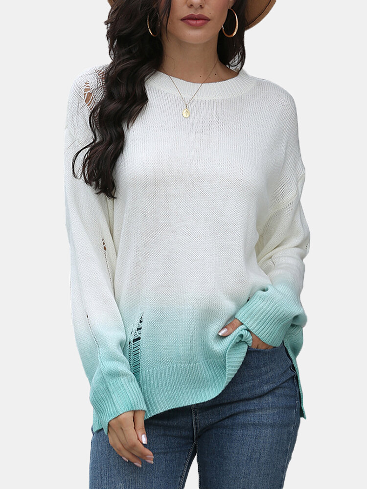 

Ombre Print O-neck Long Sleeve Ripped Sweater, Blue;light blue;coffee