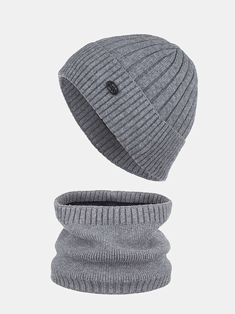 Men Knitted Plus Velvet Solid Striped Jacquard Letter Iron Label Casual Outdoor Windproof Warmth Beanie Hat Scarf Set