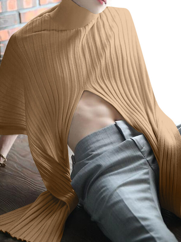 

Mens Knitted Pit Stripe Split Turtleneck Cloak, Khaki