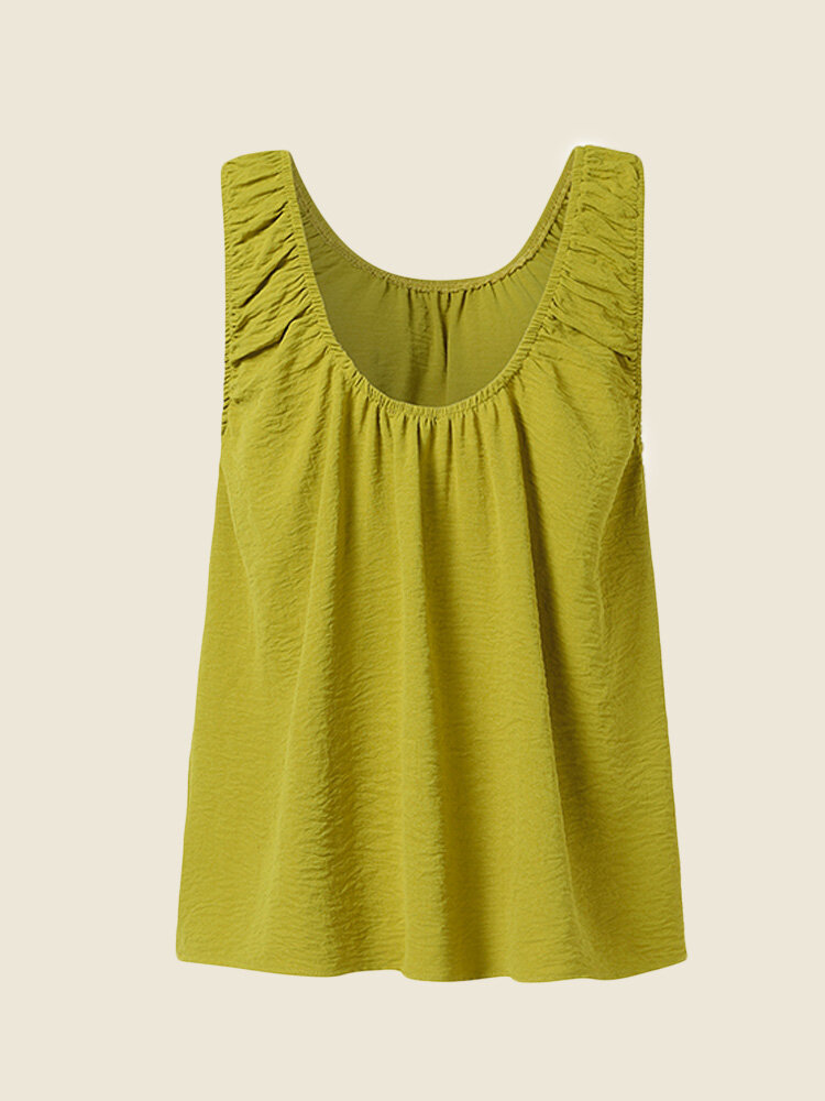 Women Solid Crew Neck Pleated Casual Sleeveless Tank Top