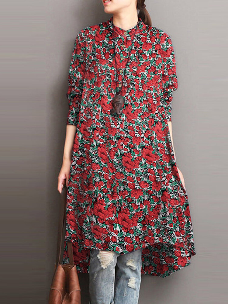 Floral High-low Button Long Sleeve Stand Collar Vintage Dress