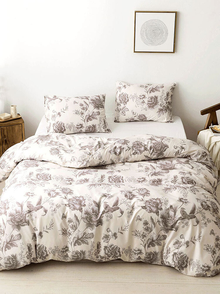 2/3 Pcs Floral Overlay Print Comfy Bedding Set Duvet Cover Pillowcase Twin King
