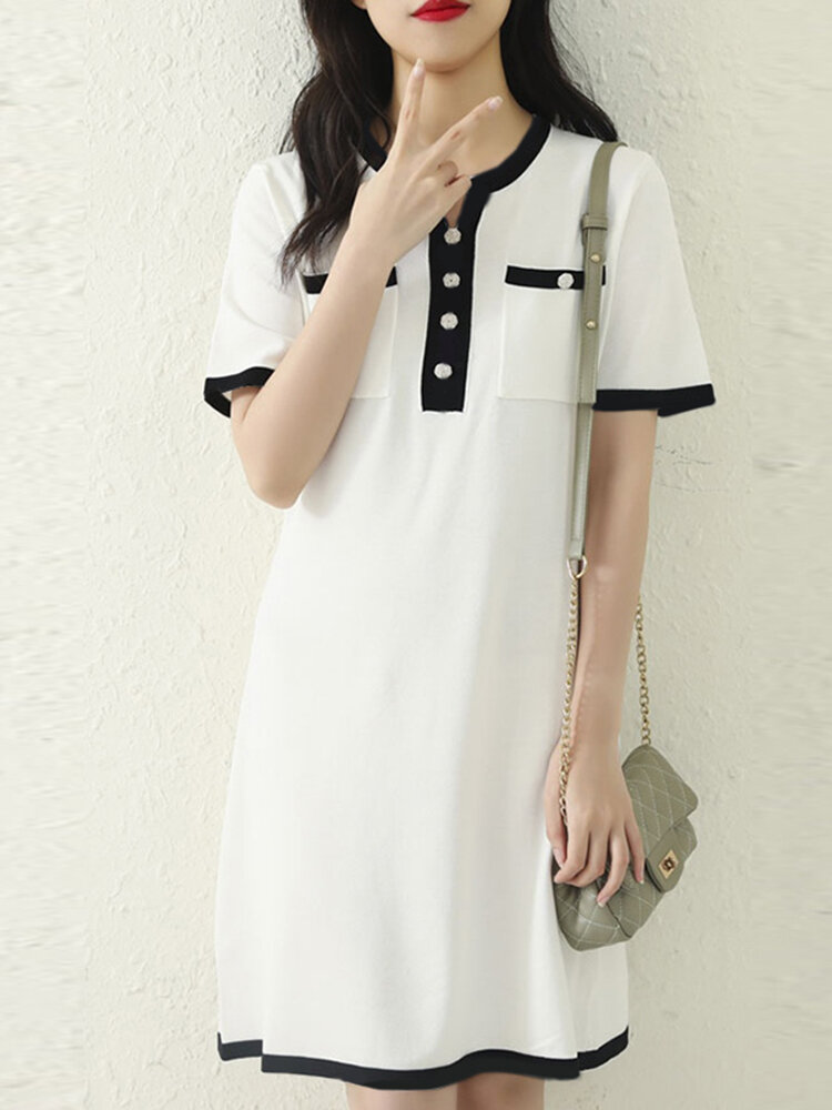 

Contrast Pocket Short Sleeve Notch Neck Casual Dress, Black;white;khaki