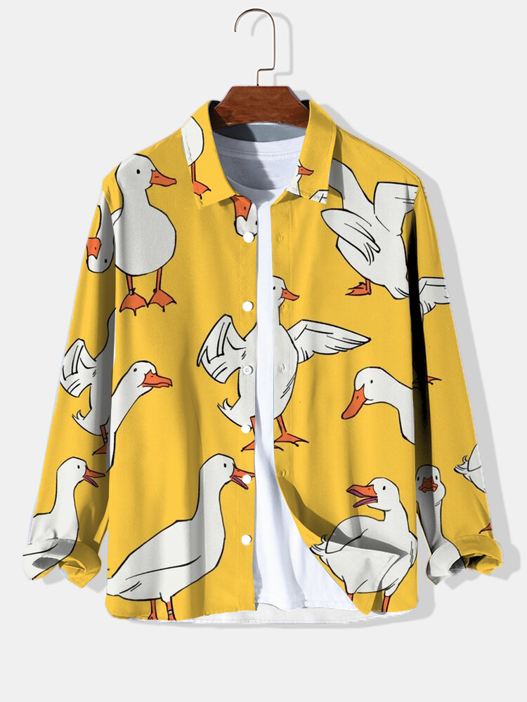 

Mens Allover Cartoon Duck Print Lapel Long Sleeve Shirts Winter, Yellow