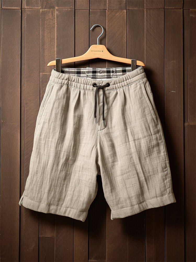 Mens Solid Cotton Casual Drawstring Waist Shorts With Pocket