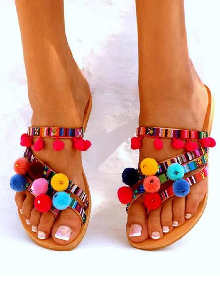 Large Size Summer Women's Fur Ball Colorful Bohemian Comfy Flat Sandals