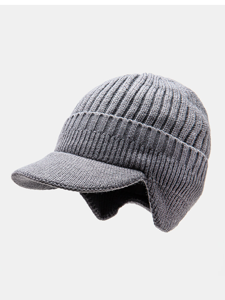 Men Acrylic Knitted Thickened Jacquard Solid Color Striped Ear Protection Warmth Baseball Cap