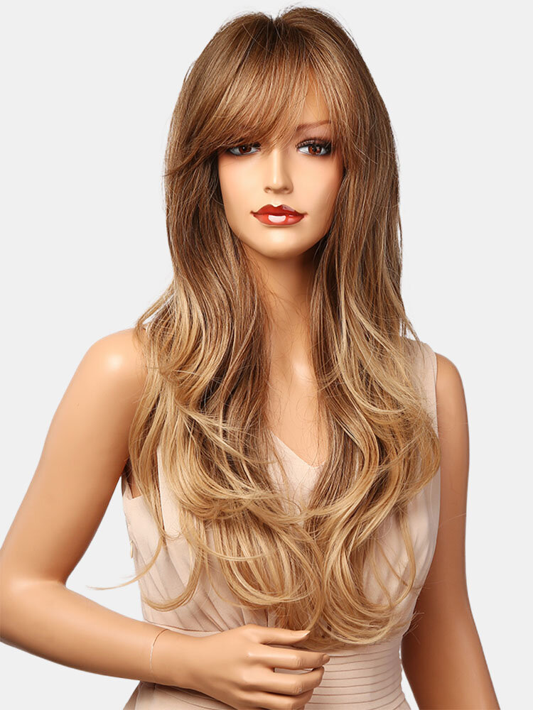 Brown Gradient Color Long Layered Natural Curly Hair With Air Bangs Elegant Supple High-quality Headgear Daily Use Ladie