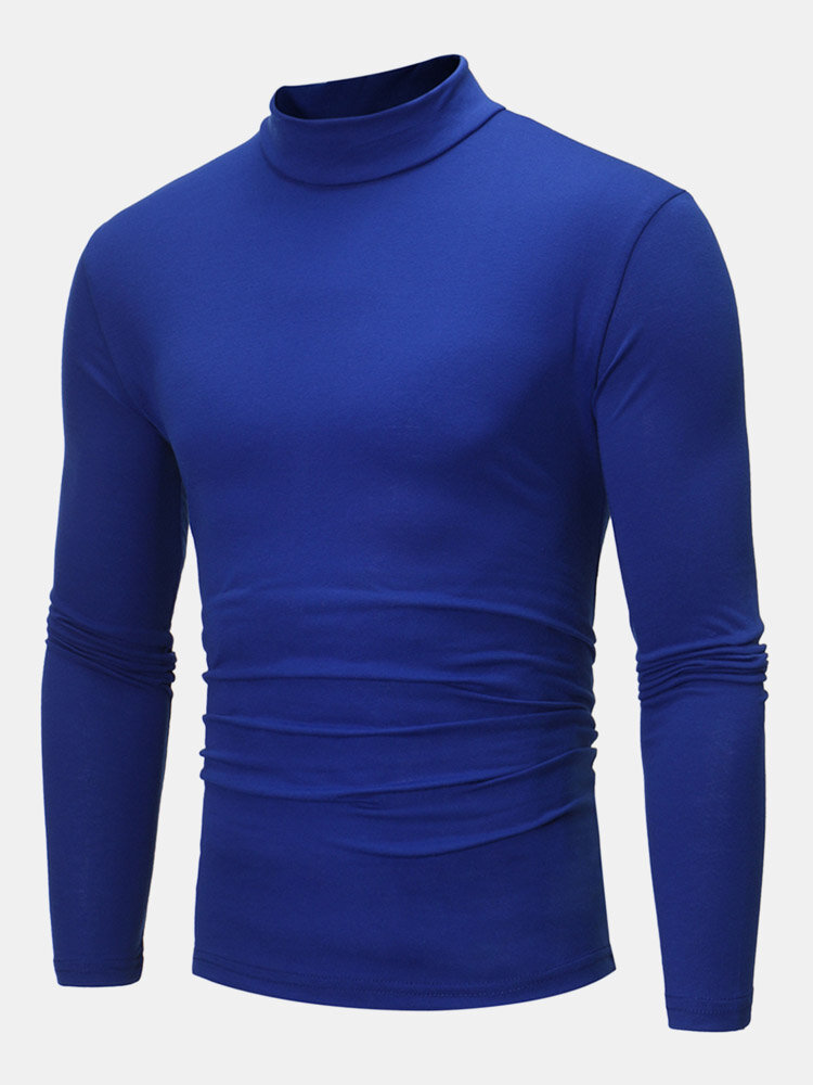 Mens Plain Pure Color Half Collar Cotton Basics Long Sleeve Bottoming T-Shirts