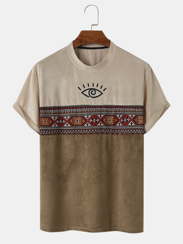 Camisetas masculinas Tribal Geometric Padrão Patchwork Texturizadas de manga curta