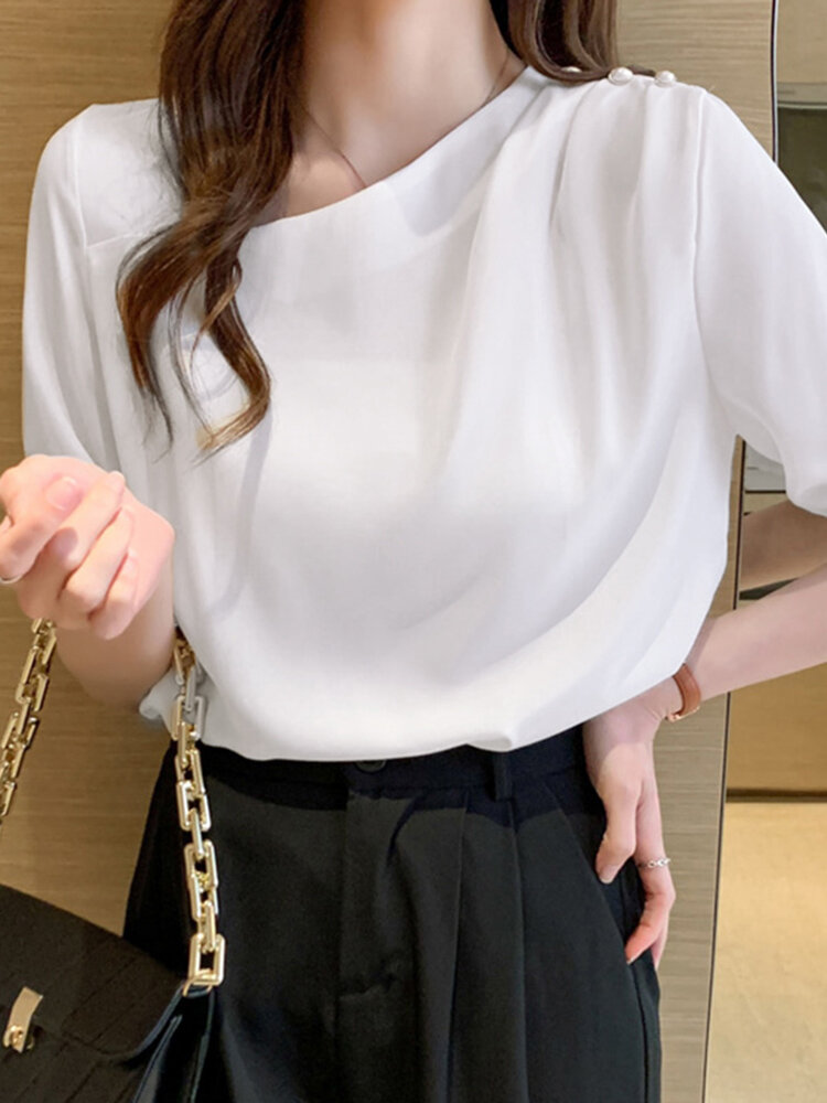 Solid Asymmetrical Pearl Short Sleeve Blouse For Women