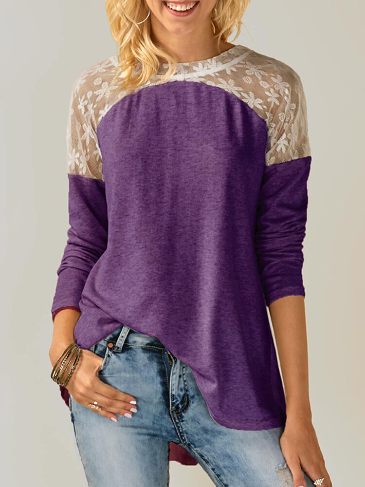 

Irregualr Hem Bowknot Lace Back O-neck Plus Size T-shirt, Purple;pink;dark grey;black;beige