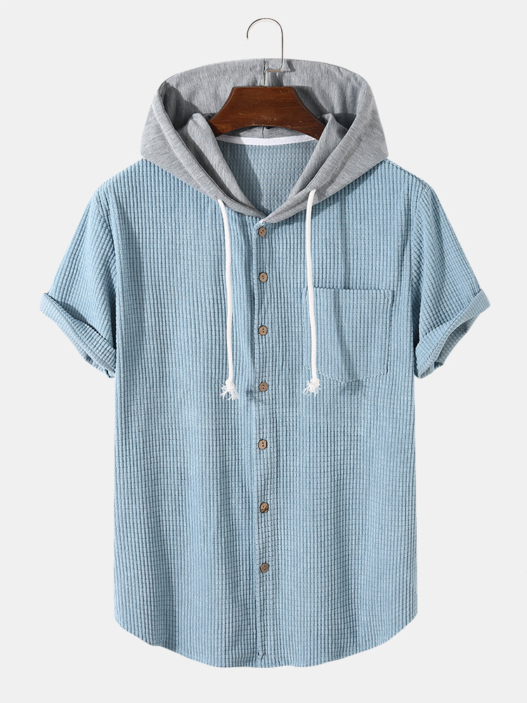 Mens Corduroy Solid Color Short Sleeve Contrast Hooded Shirts