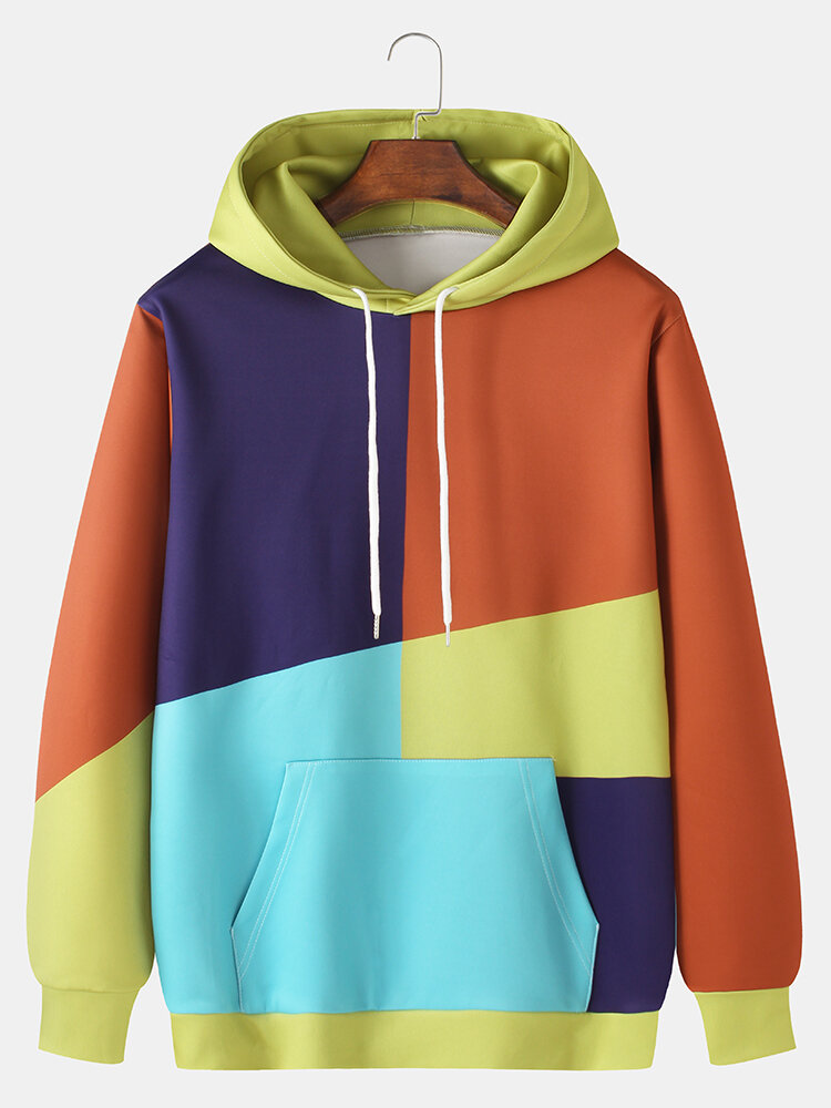 Mens Patchwork Colorblock Loose Fit Casual Drawstring Hoodies With Muff Pocket