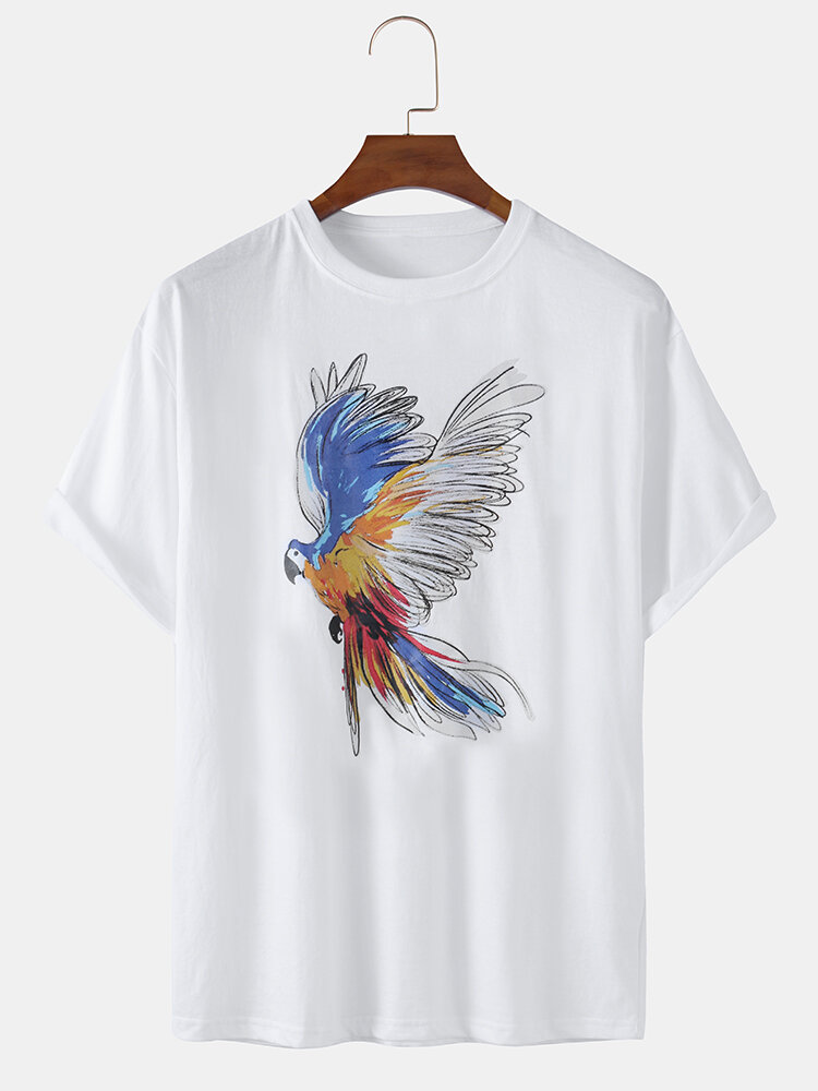 Mens Solid Color Colorful Bird Print Loose Casual Round Neck T-Shirts