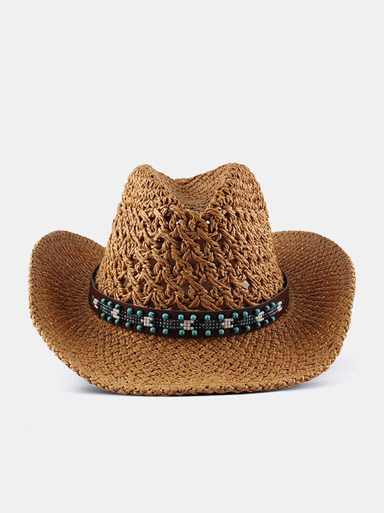

Unisex Straw Hollow Western Cowboy Big Brim Handwoven Straw Hat Sunshade Bucket Hat, Beige;khaki;coffee